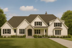 Front elevation of a Modern Farmhouse style home featuring board and batten siding, stone accents, dark shutters, and a welcoming covered entry
