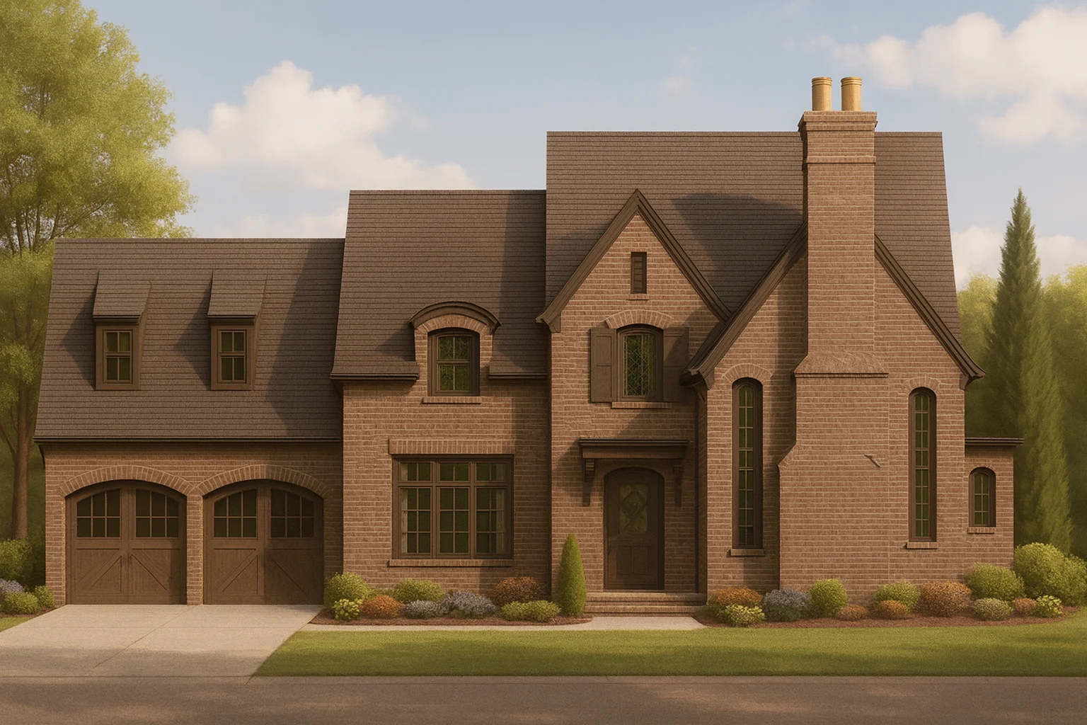 Front view of Tudor Revival style brick home featuring steep gables, tall chimney, arched windows, and double wooden garage doors