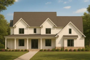 Front view of Modern Farmhouse with white board and batten siding, dark roof, and stone foundation accents