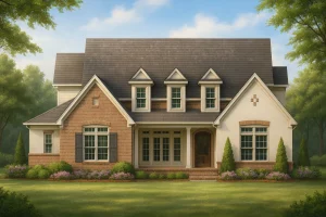 Front view of a Traditional Colonial style home featuring a mix of brick and stucco exterior, dormer windows, and a welcoming covered front porch