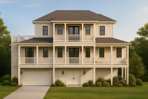 Front view of a three-story Coastal Beach style home with light horizontal siding, two full-length porches, and a covered entryway.
