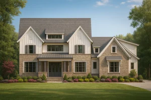 Front view of a Modern Farmhouse style home featuring a blend of stone and board and batten siding with gabled rooflines and black-framed windows