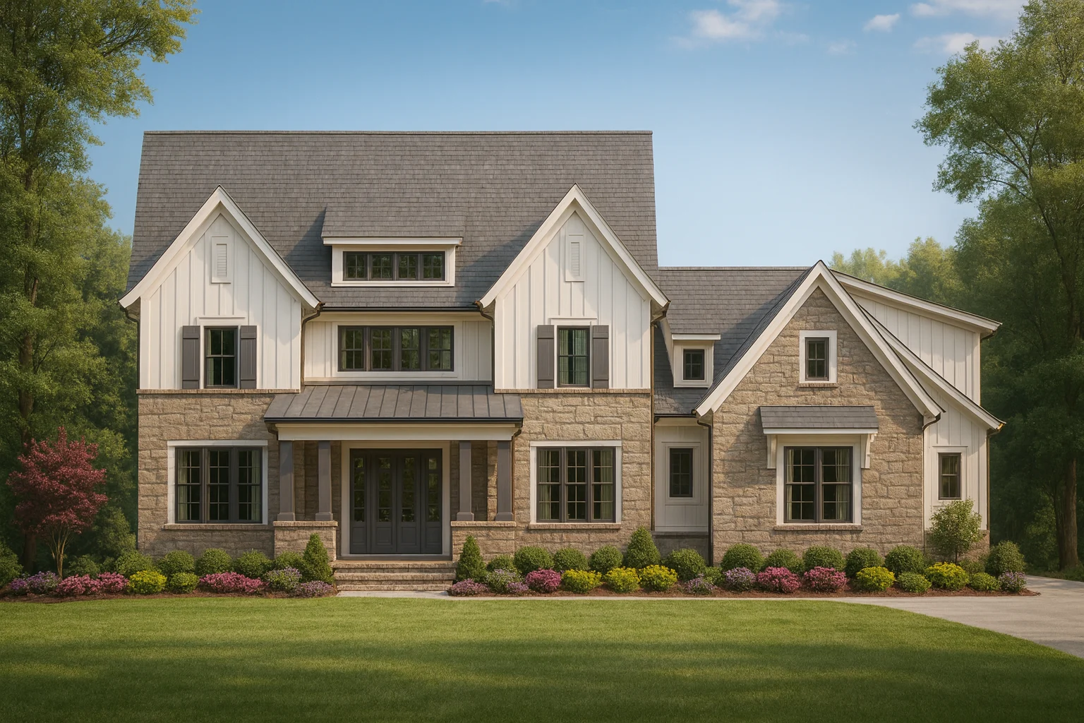 Front view of a Modern Farmhouse style home featuring a blend of stone and board and batten siding with gabled rooflines and black-framed windows