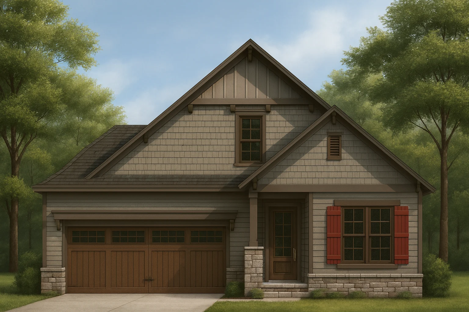 Front exterior of a Craftsman Cottage style home featuring shingle siding, horizontal lap siding, stone accents, and an inviting covered entry