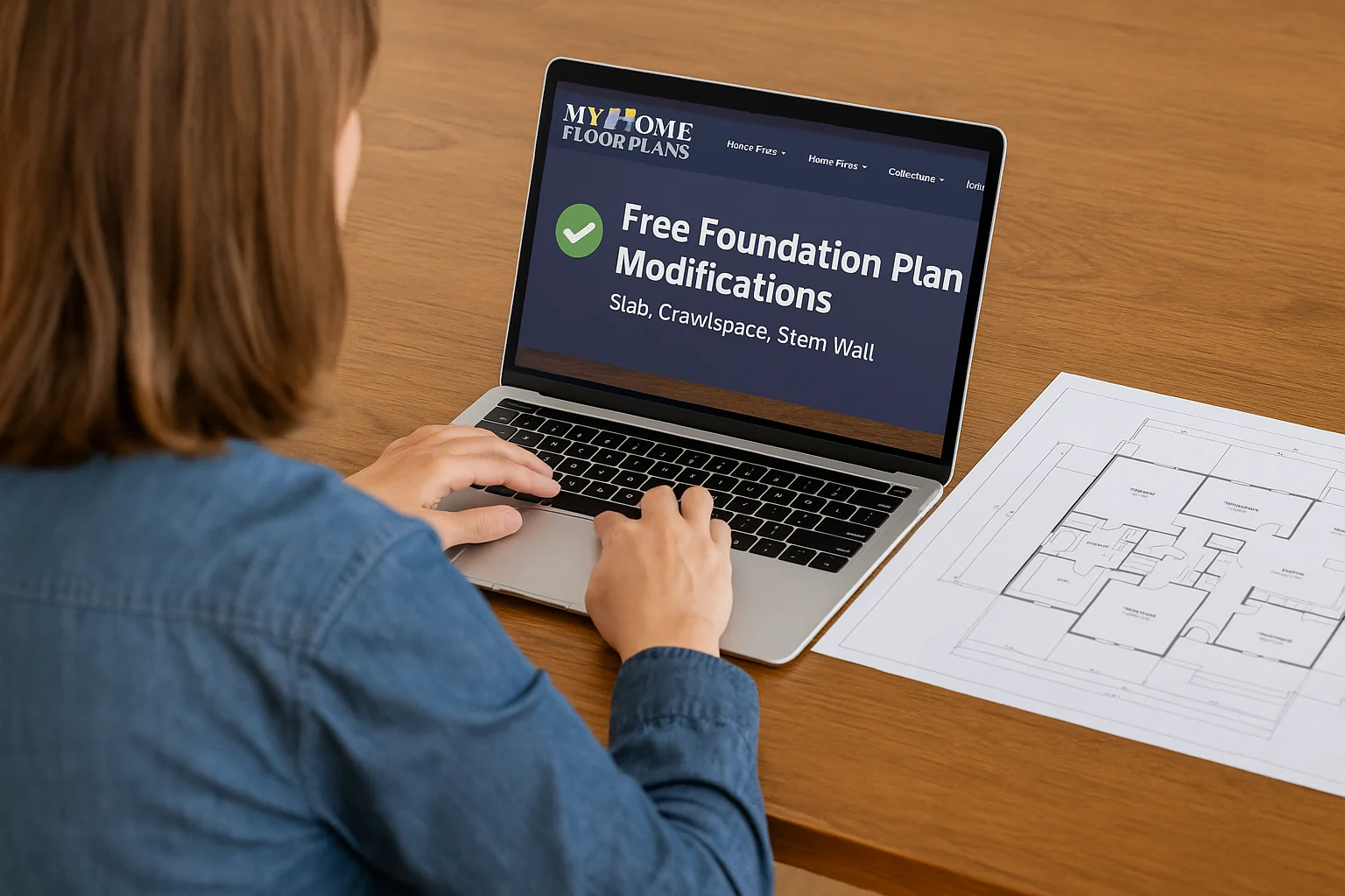 A woman browsing MyHomeFloorPlans.com on her laptop at a wooden desk with a printed home floor plan beside her. The laptop screen shows a banner that reads “Free Foundation Plan Modifications” with a green checkmark and smaller text listing “Slab, Crawlspace, Stem Wall”.