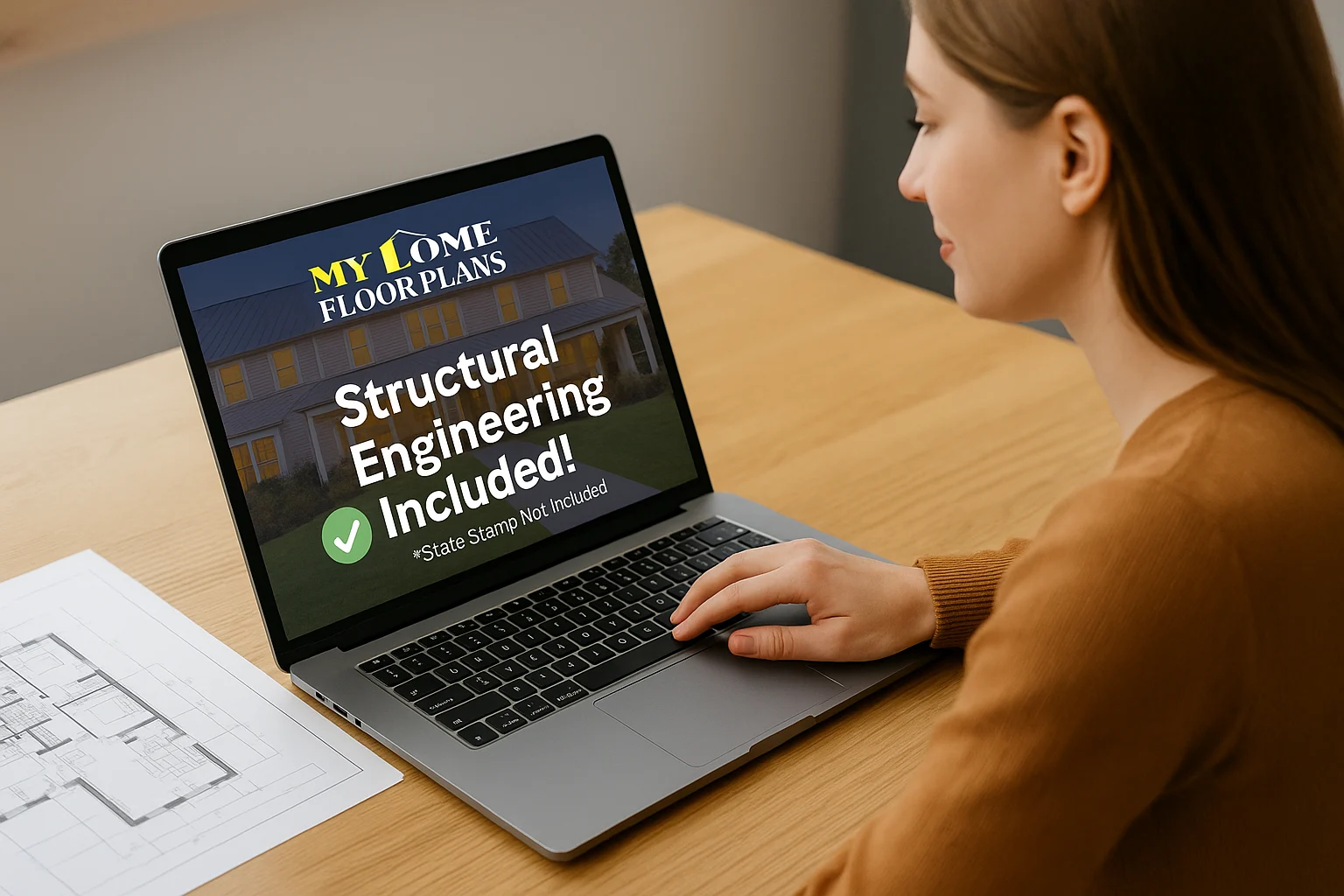 A woman browsing MyHomeFloorPlans.com on her laptop at a wooden desk with a printed floor plan beside her. The laptop screen displays a banner reading “Structural Engineering Included!” with a green checkmark and smaller text below saying “*State Stamp Not Included”.