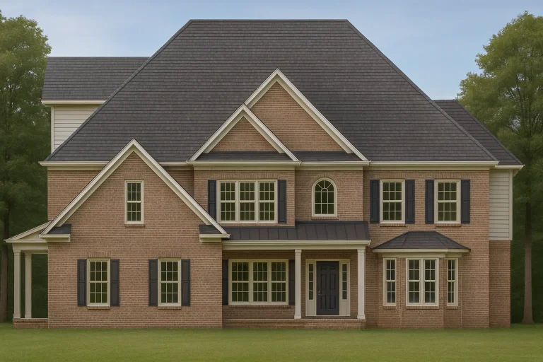 Front elevation of a Traditional Colonial style home with brick exterior, symmetrical windows, gabled rooflines, and central covered entry