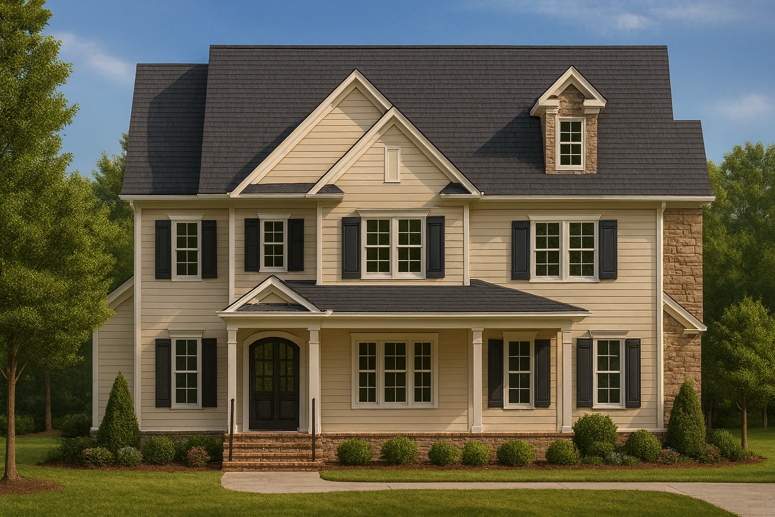 Front elevation of a New American traditional home with Colonial influence, featuring horizontal siding, stone accents, symmetrical windows, and a covered front porch