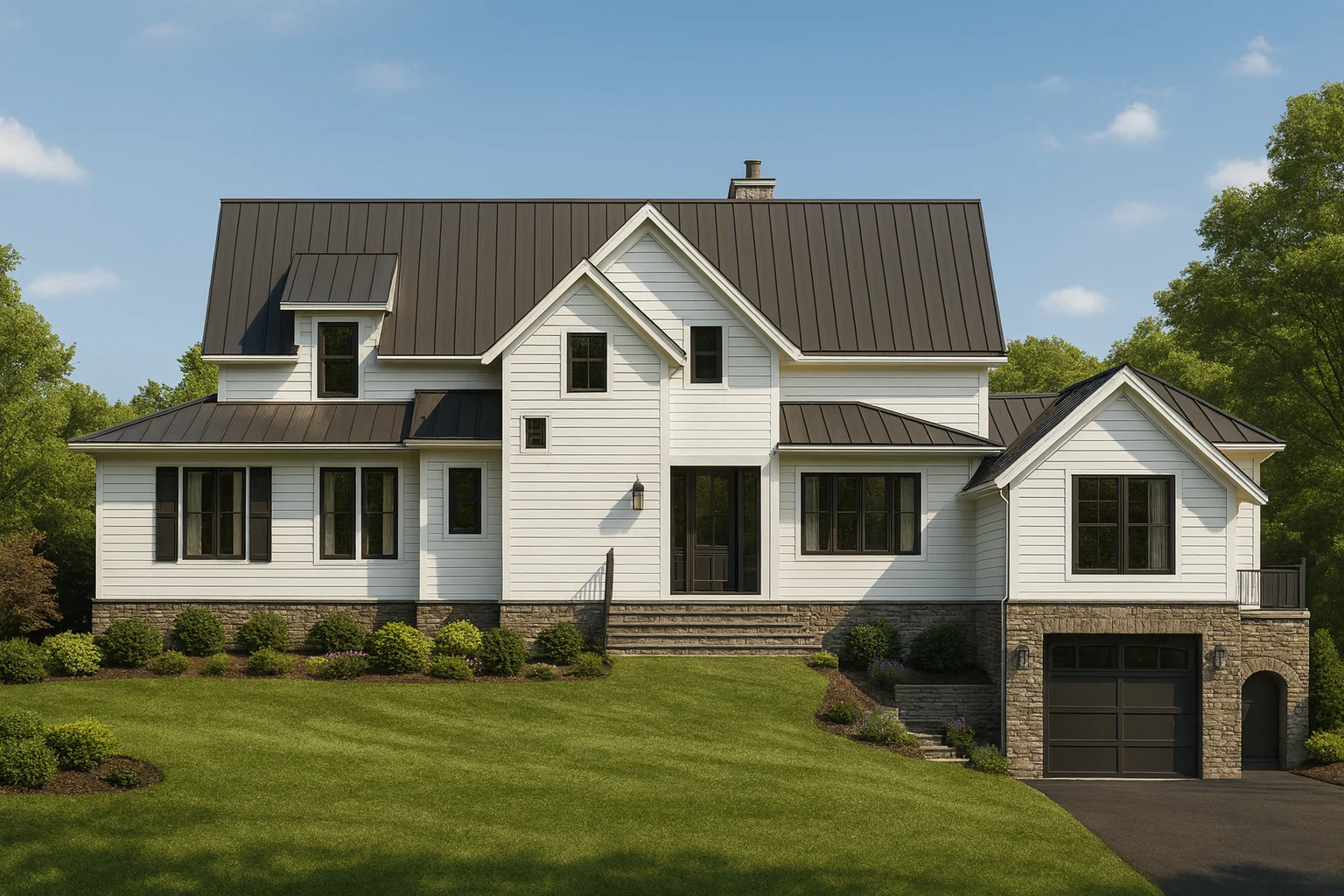 Front elevation of a New American modern traditional house with board and batten siding, stone foundation, metal roof, and side-entry garage