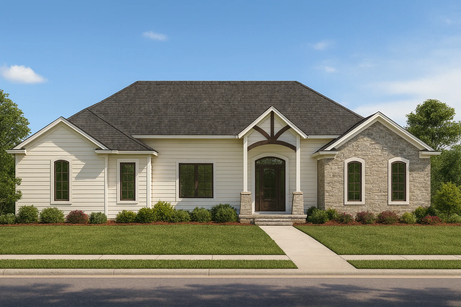 Front elevation of a New American ranch style house with stone veneer, horizontal siding, and symmetrical entry design