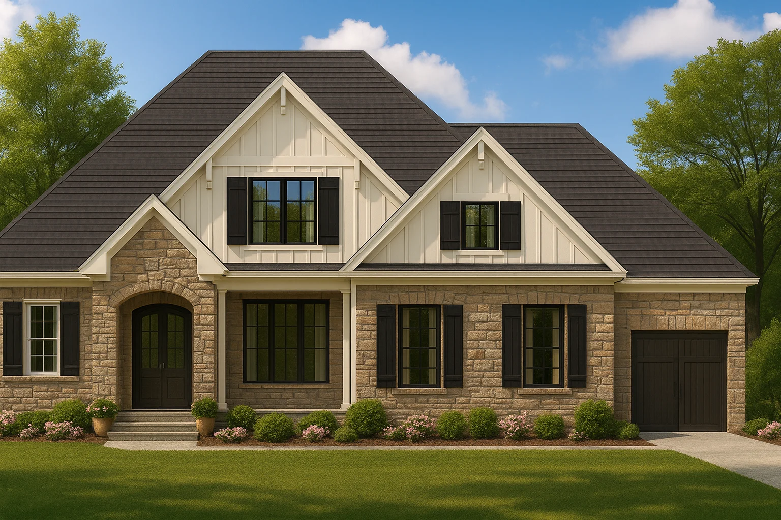Transitional House Plans 11 Front elevation of a New American style home featuring stone exterior, horizontal siding, black windows, and steep gabled roof