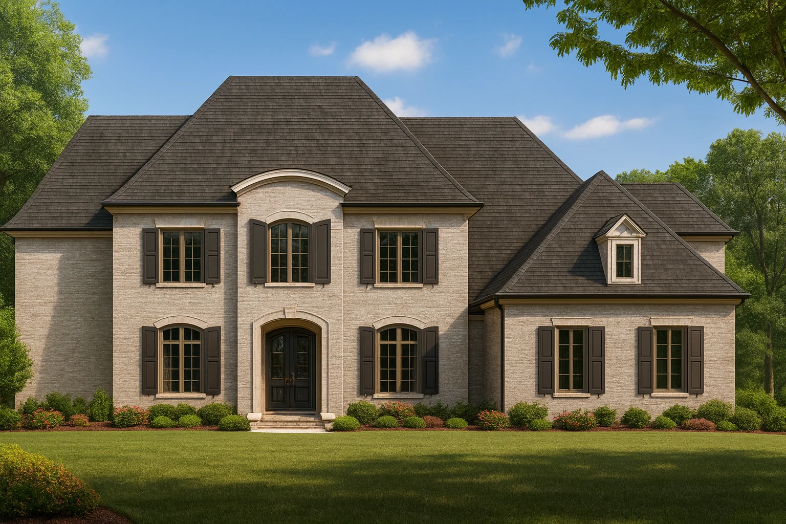 Front elevation of a Traditional Colonial style home with painted brick exterior, symmetrical windows, and classic shutter detailing