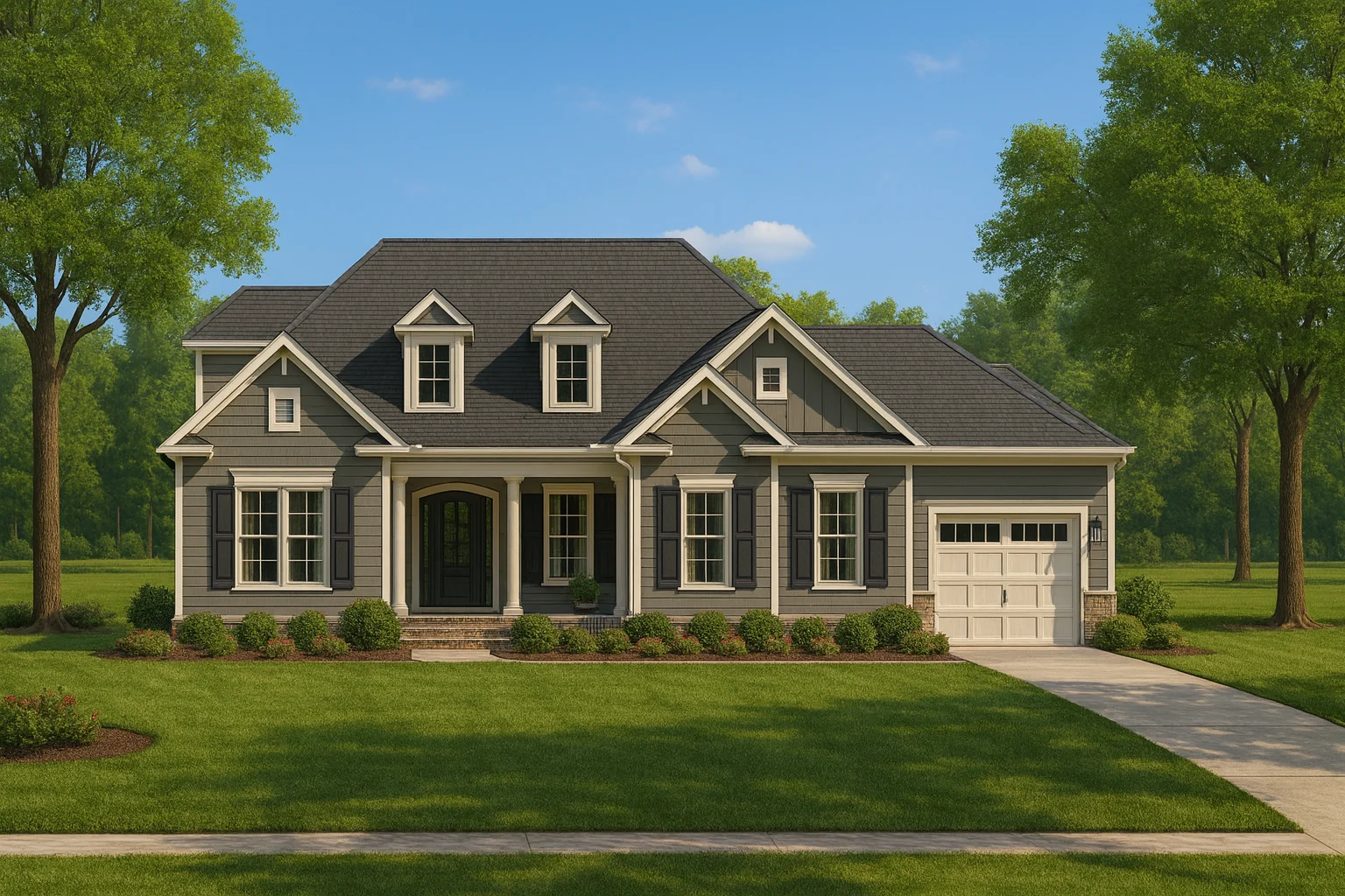 Front elevation of a New American style home with board and batten siding, covered porch, and classic suburban curb appeal