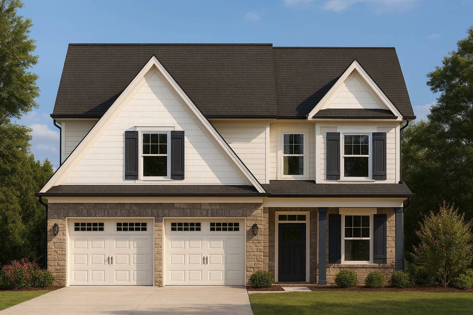 Front elevation of a New American traditional home featuring brick accents, horizontal siding, symmetrical windows, and a two-car garage