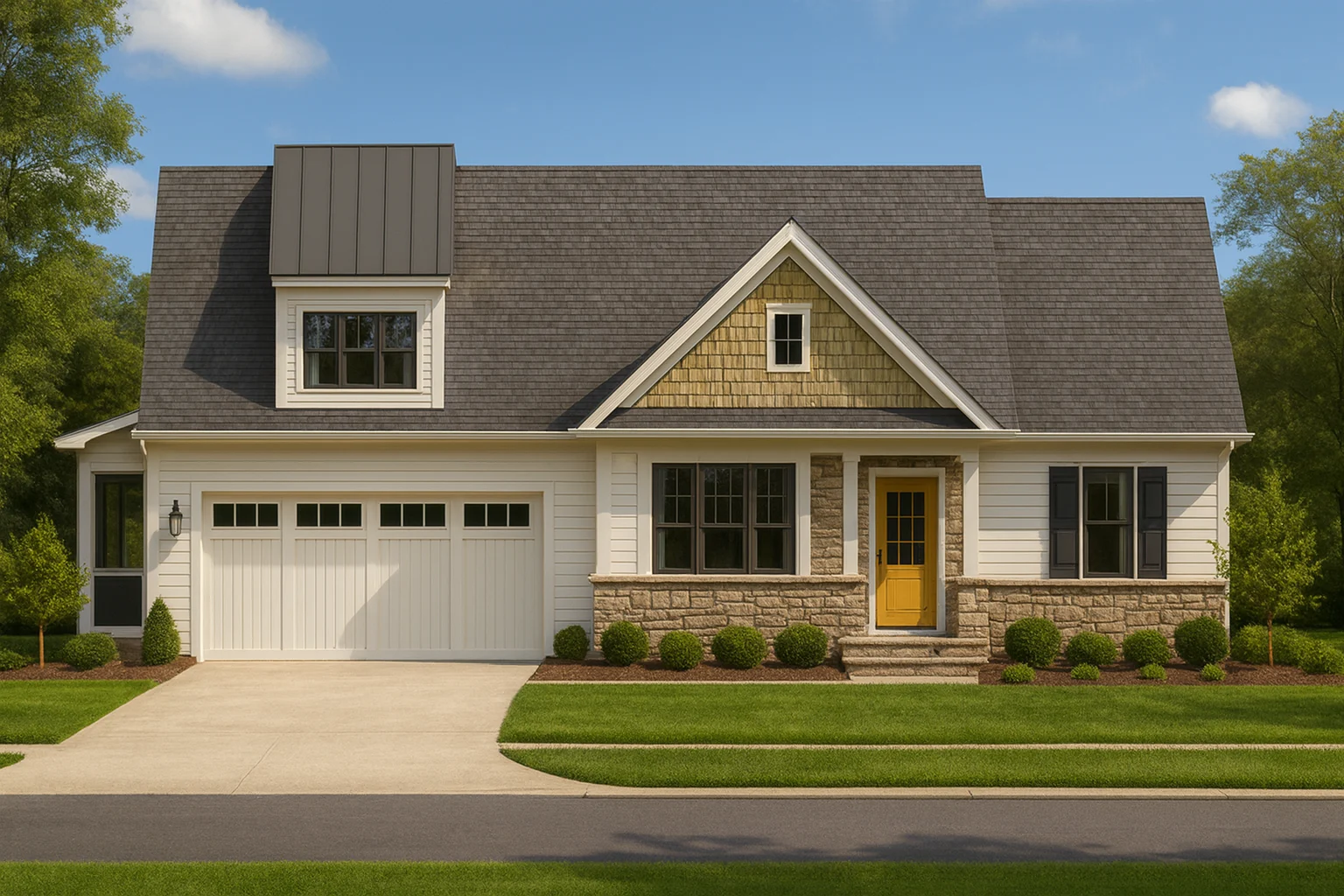 Front elevation of a New American Craftsman style home with board and batten siding, stone accents, gabled rooflines, and welcoming front porch