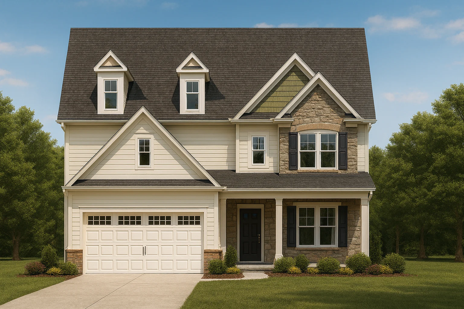 Front elevation of a New American style house featuring horizontal siding, stone accents, dormer windows, and a welcoming covered front porch