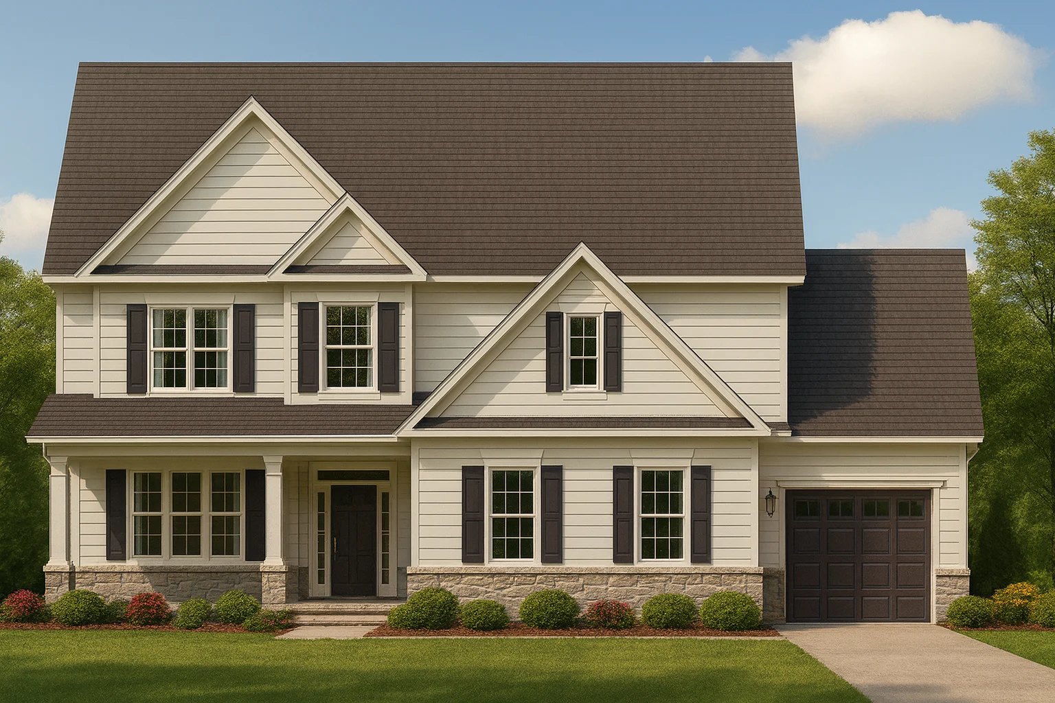 Classical House Plans 25 Front elevation of a New American style home with horizontal siding, stone wainscot, symmetrical windows, and attached garage