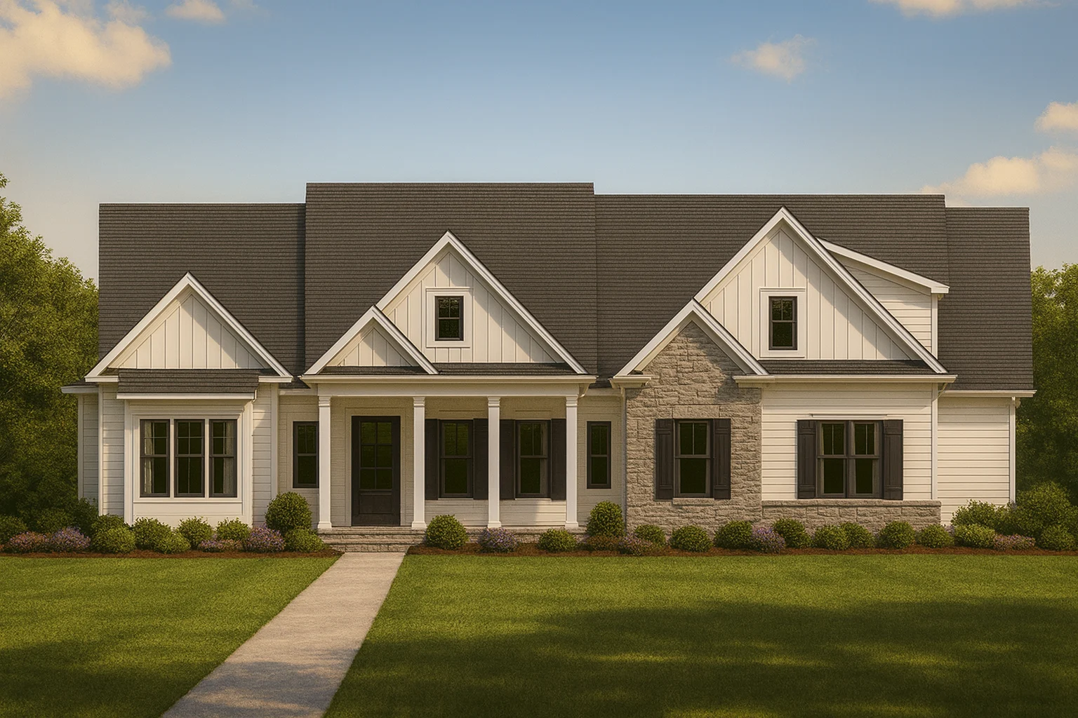 Classical House Plans 17 Front elevation of a modern farmhouse style home featuring board and batten siding, stone accents, gabled rooflines, and a covered front porch