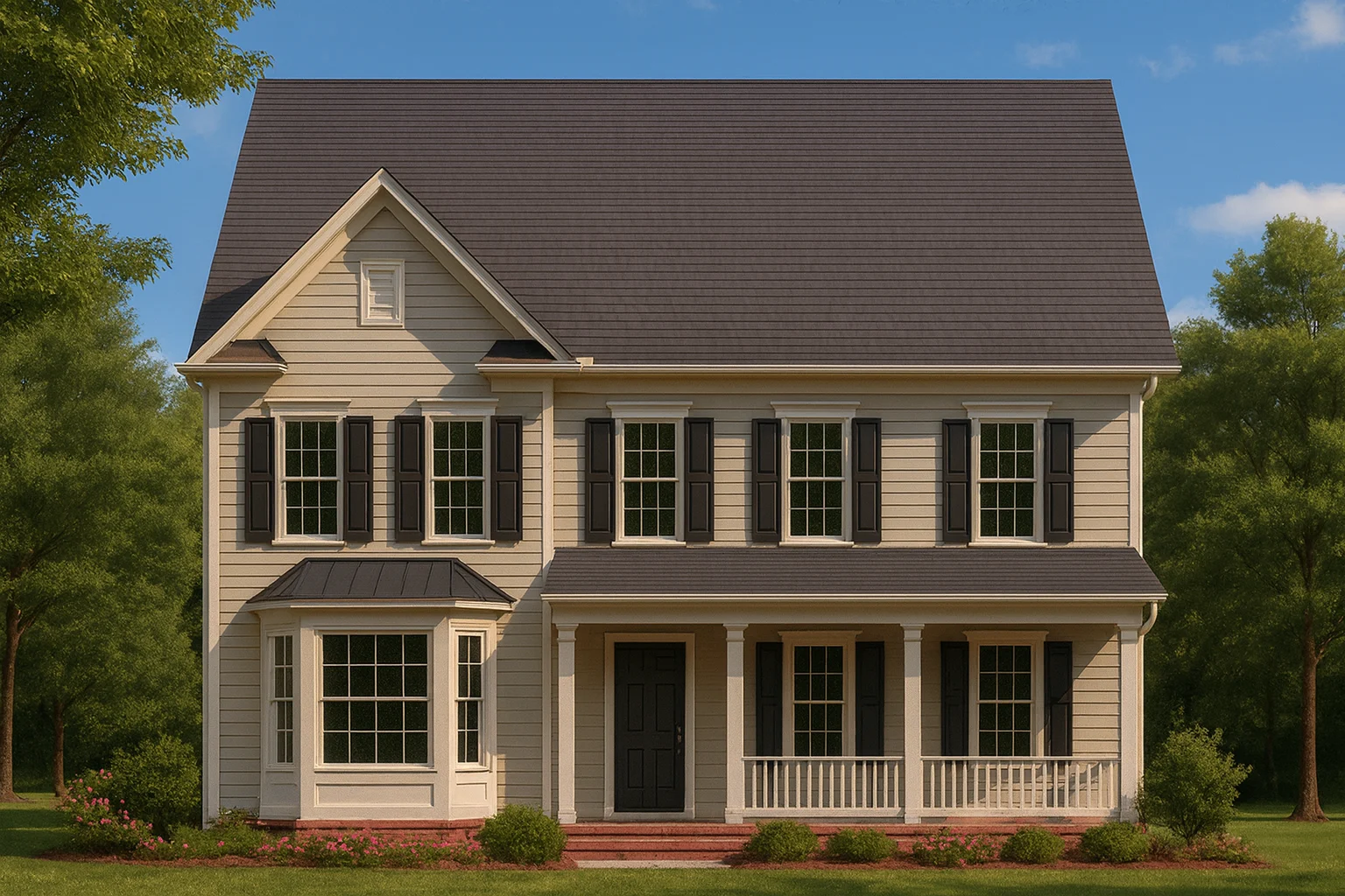 Classical House Plans 13 Front elevation of a Traditional Colonial style house with symmetrical windows, lap siding exterior, black shutters, and a covered front porch