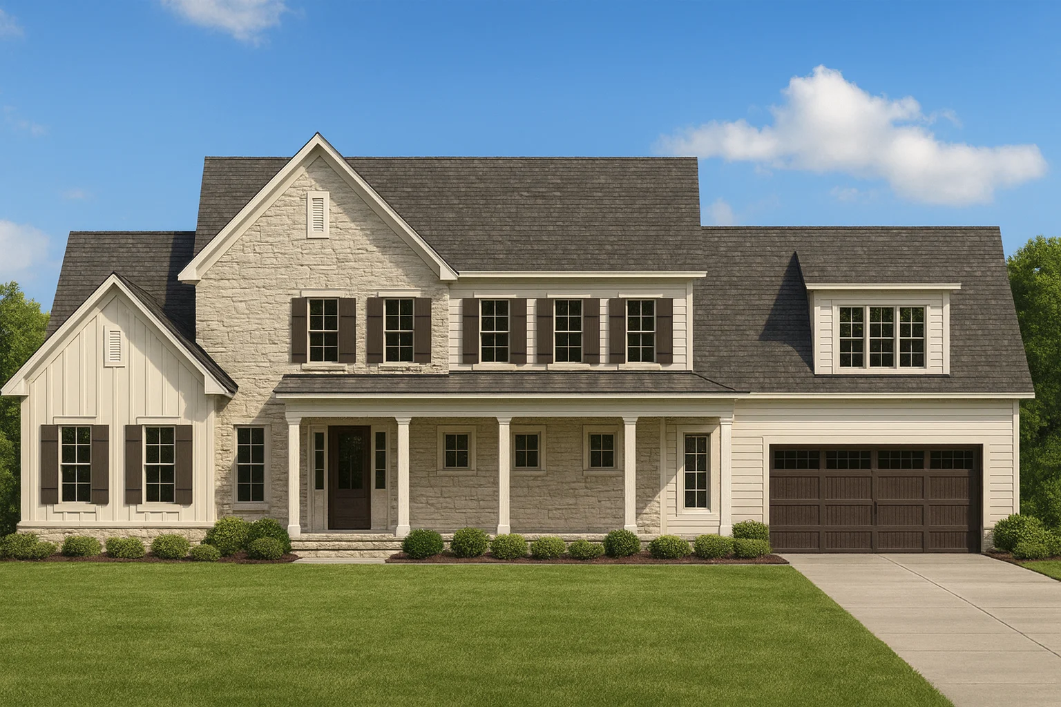 Craftsman House Plans 17 Front elevation of a New American modern traditional house featuring stone veneer, horizontal siding, board and batten accents, covered porch, and attached garage