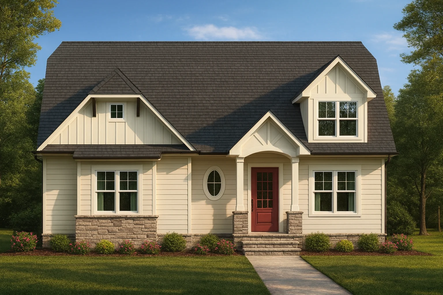 Front elevation of a Cape Cod cottage style home featuring lap siding, board-and-batten gables, stone accents, and a welcoming front entry