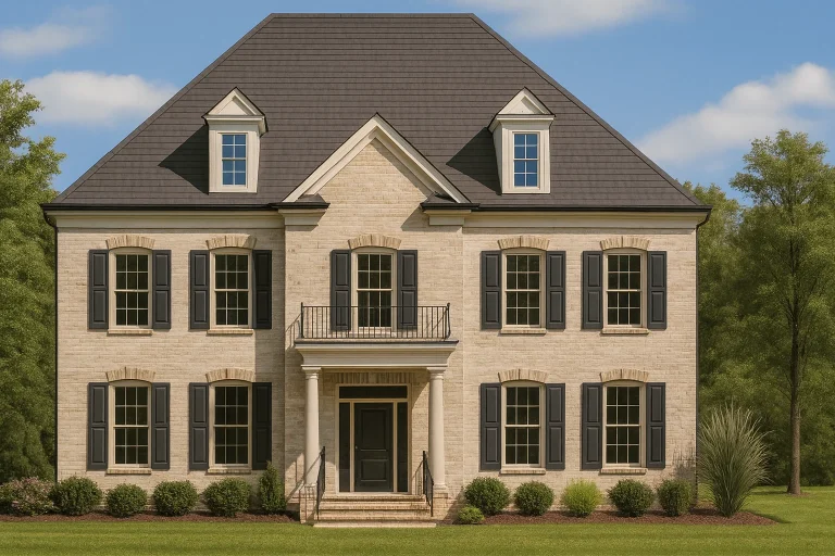 Front elevation of a Georgian Colonial style home with classic brick exterior, symmetrical windows, shutters, and central entry