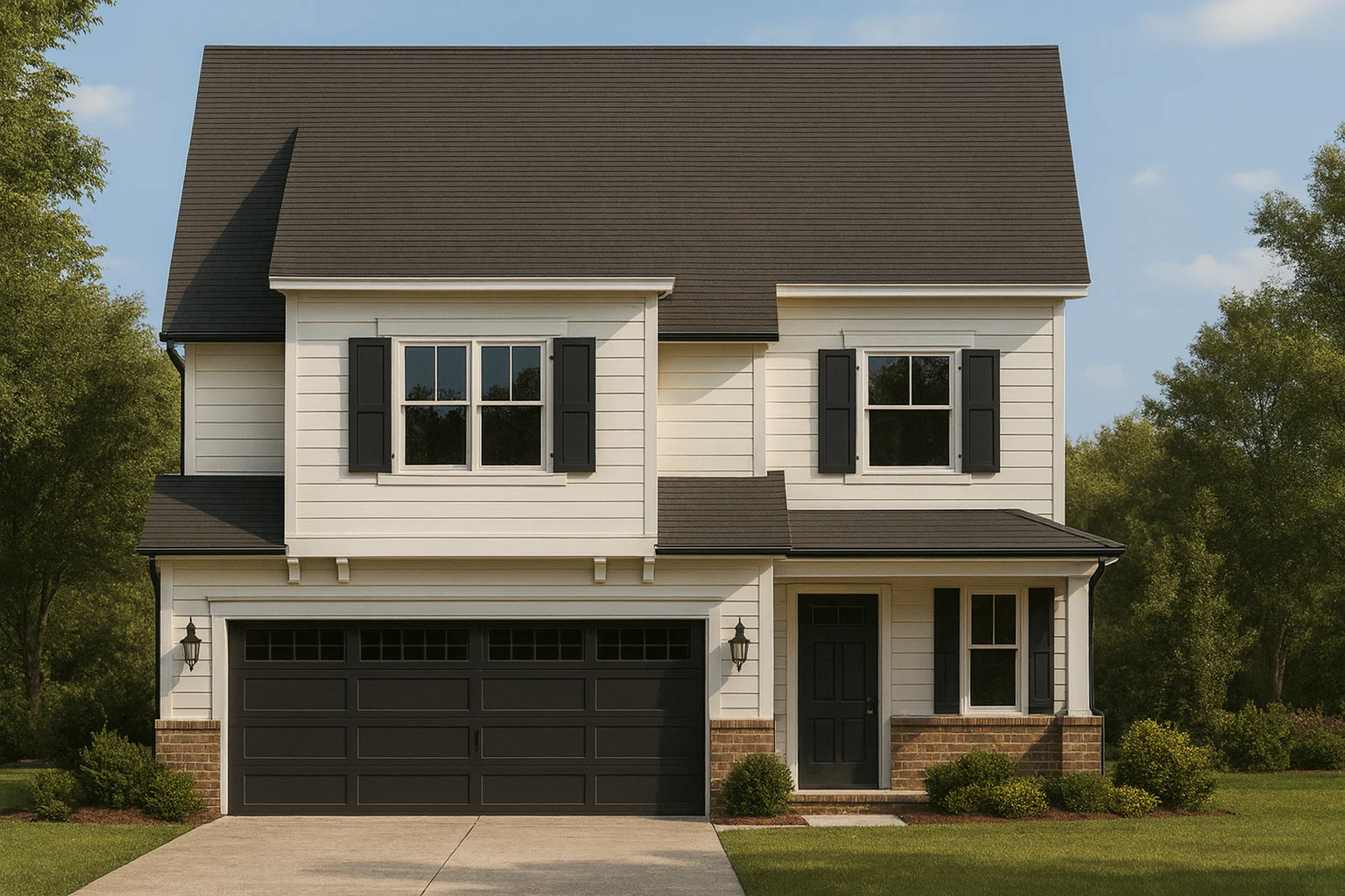 Front elevation of a modern farmhouse style two-story home with white lap siding, black shutters, brick accents, and a covered entry