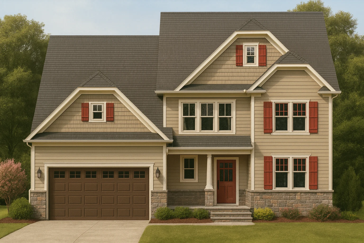 Front elevation of a New American Modern Traditional house with horizontal siding, stone foundation, gabled rooflines, and classic shutters