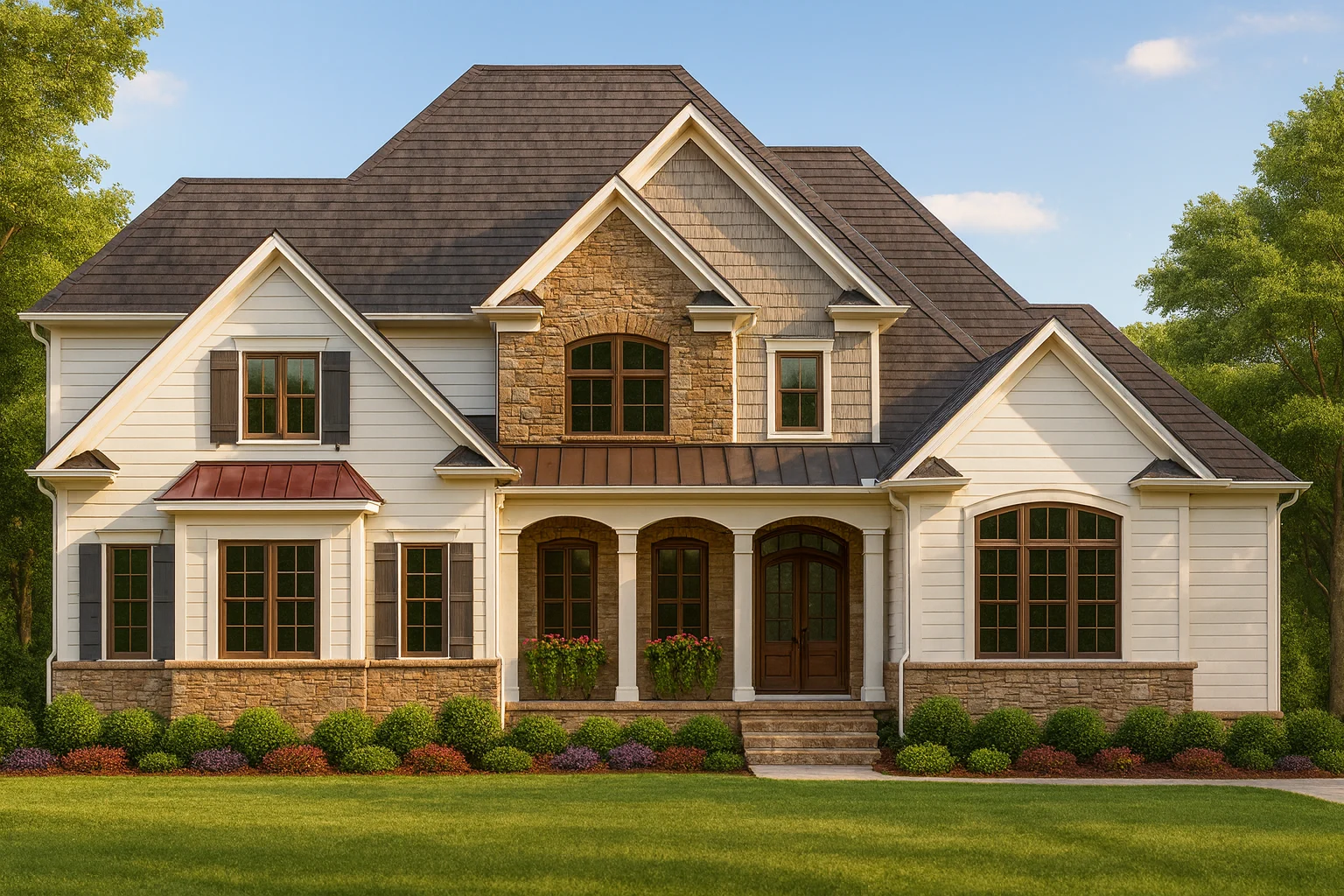 Front elevation of a New American Modern Traditional house featuring stone veneer, horizontal siding, gabled rooflines, and a covered front porch