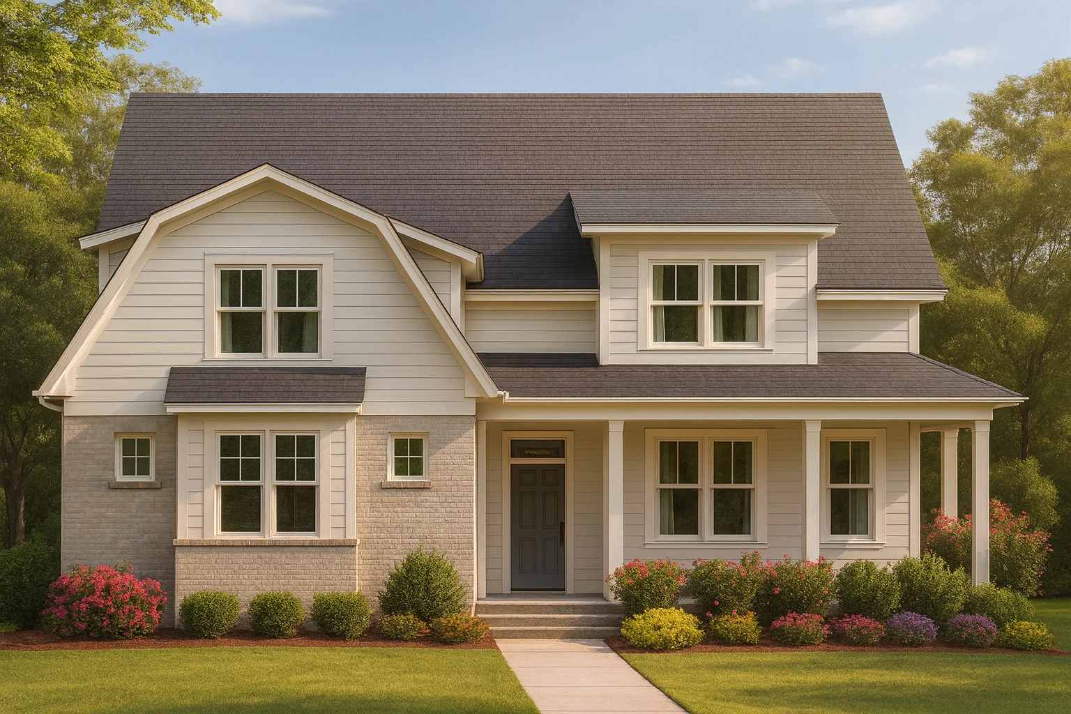 Front elevation of a New American Modern Traditional house with Colonial Revival influence, featuring lap siding, brick accents, symmetrical windows, and a covered front porch