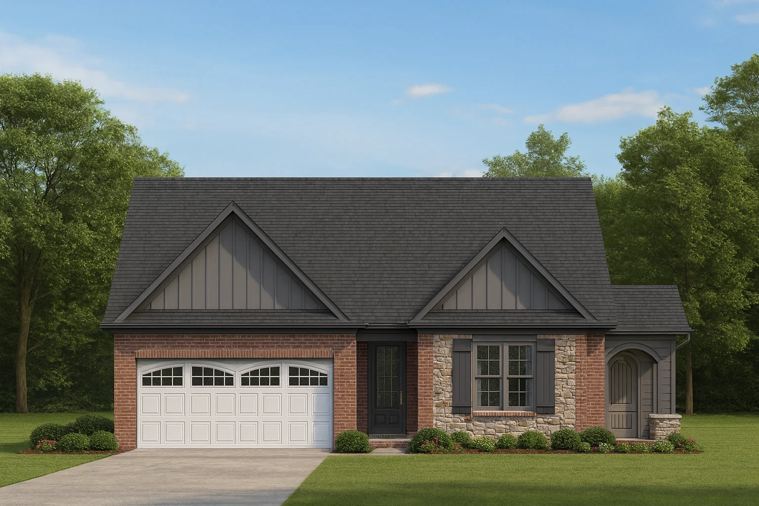 Front elevation of a New American modern traditional house with brick exterior, steep gable rooflines, Tudor-style detailing, and an attached two-car garage