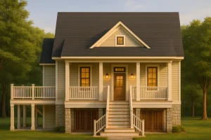 Front elevation of Coastal Cottage and Southern Farmhouse style home featuring horizontal siding, stone foundation base, and classic porch details