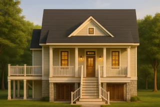 Front elevation of Coastal Cottage and Southern Farmhouse style home featuring horizontal siding, stone foundation base, and classic porch details