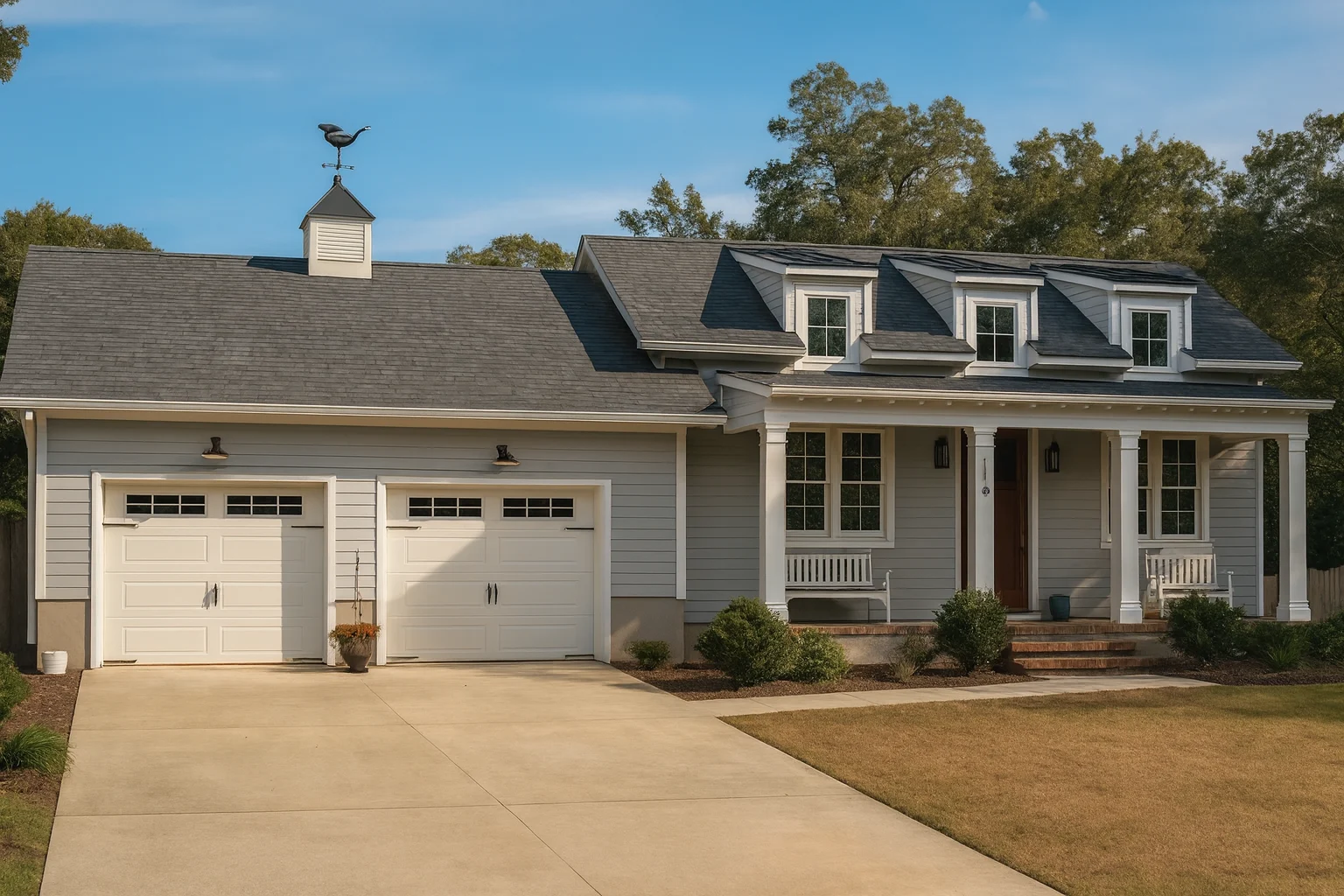 Front elevation of Cape Cod coastal traditional home with clapboard siding, dormer windows, covered porch, and attached garage