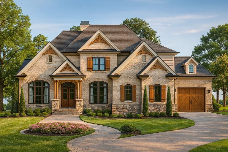 Front exterior of a New American style home featuring brick and stone exterior, steep gabled rooflines, arched windows, and elegant traditional detailing