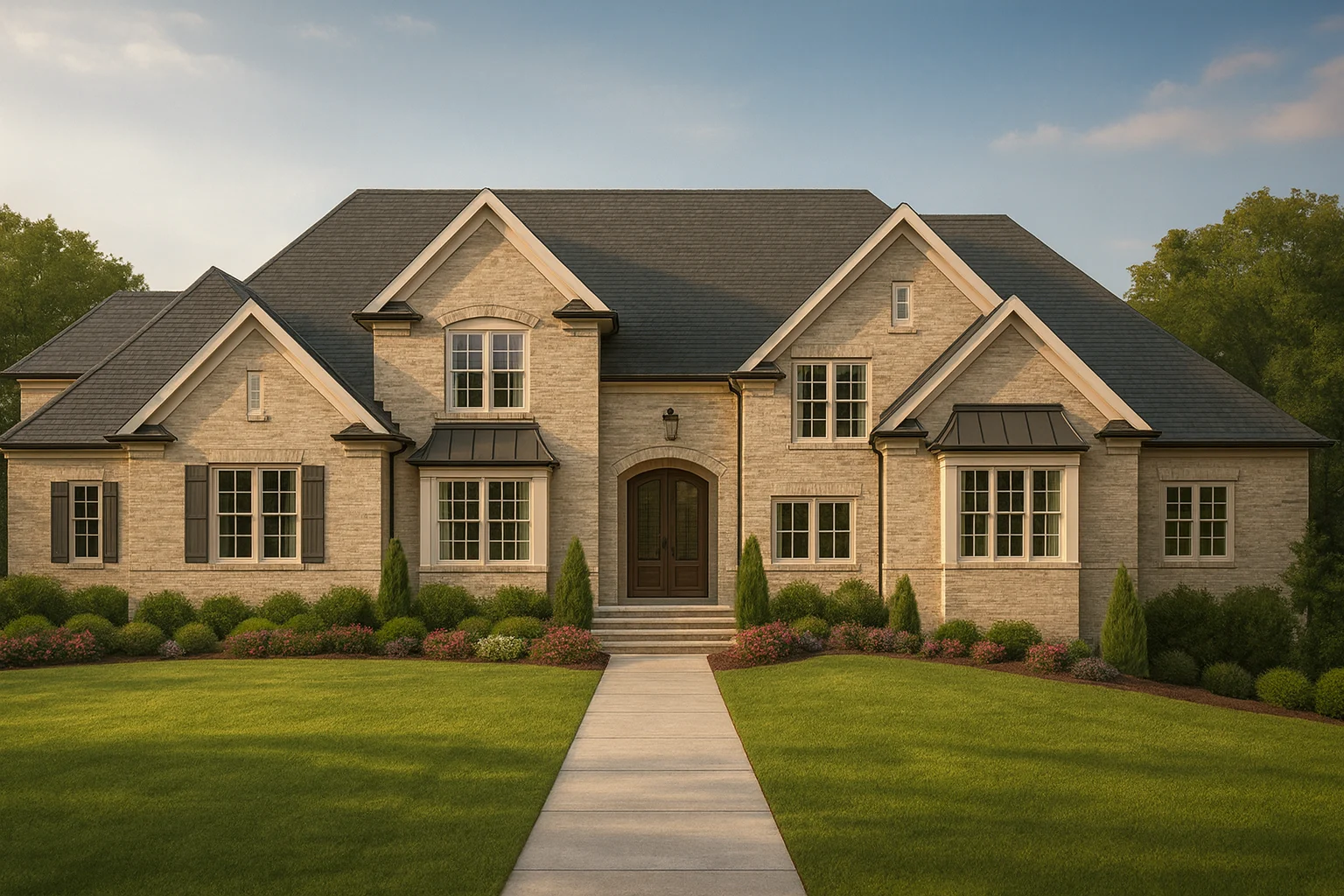 Front elevation of a Neo-Colonial Traditional Colonial home featuring a full brick exterior, symmetrical facade, gabled rooflines, and a formal central entry