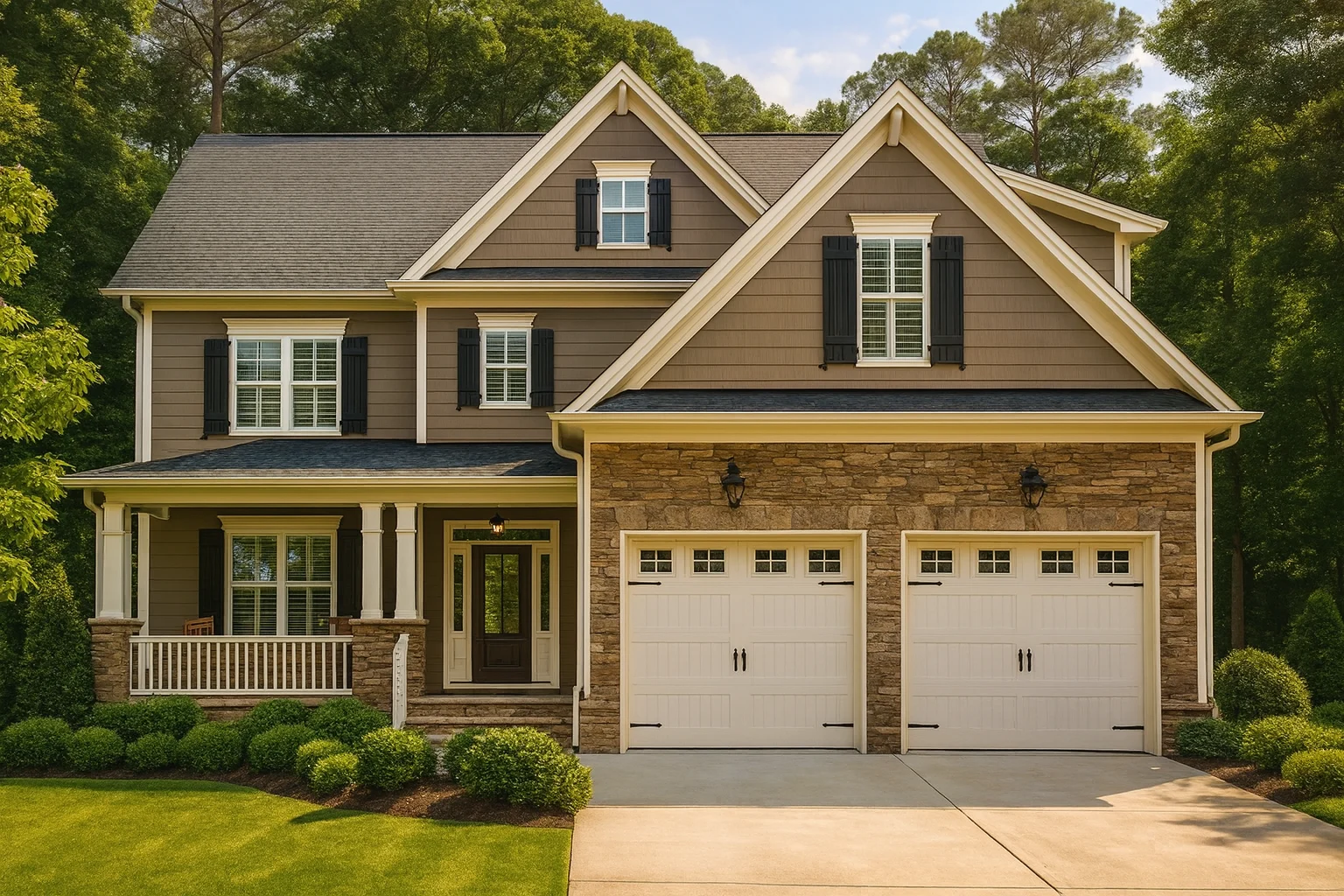 Front exterior of a New American style home with horizontal siding, stone accents, double garage, and covered front porch
