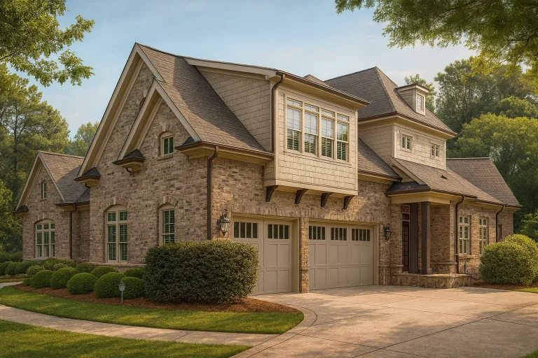 Front exterior view of a New American Craftsman style house featuring stone veneer, horizontal siding, gabled rooflines, and an attached garage