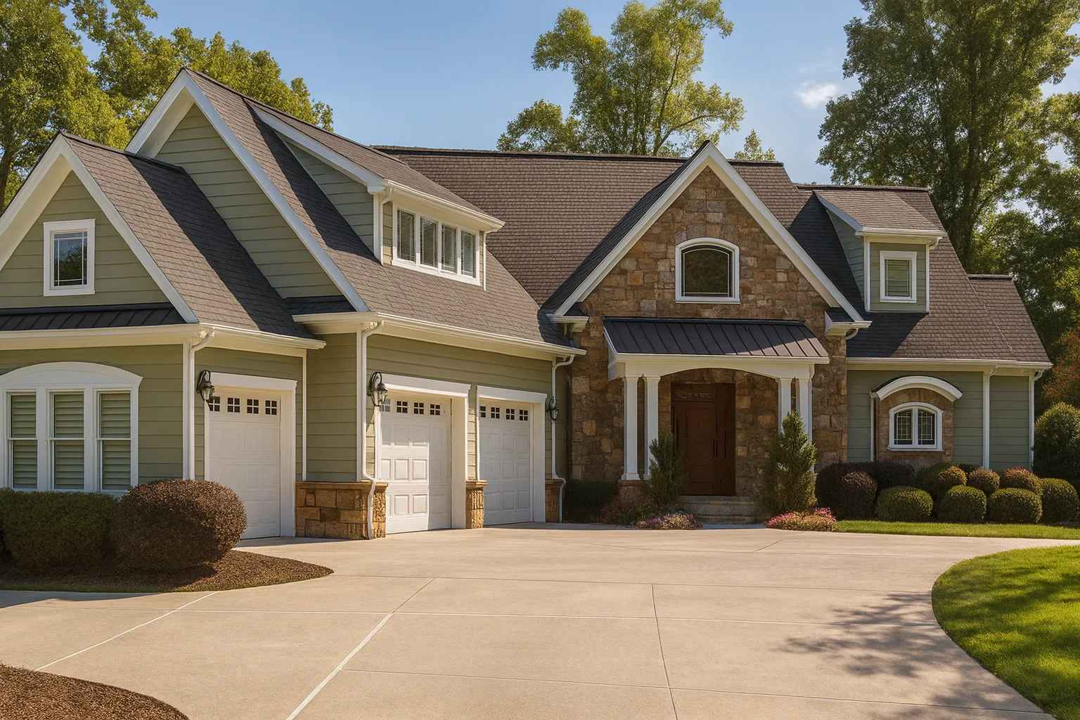 Front elevation of a New American style suburban home with Craftsman influences, mixed siding exterior, gabled rooflines, and side-entry garage