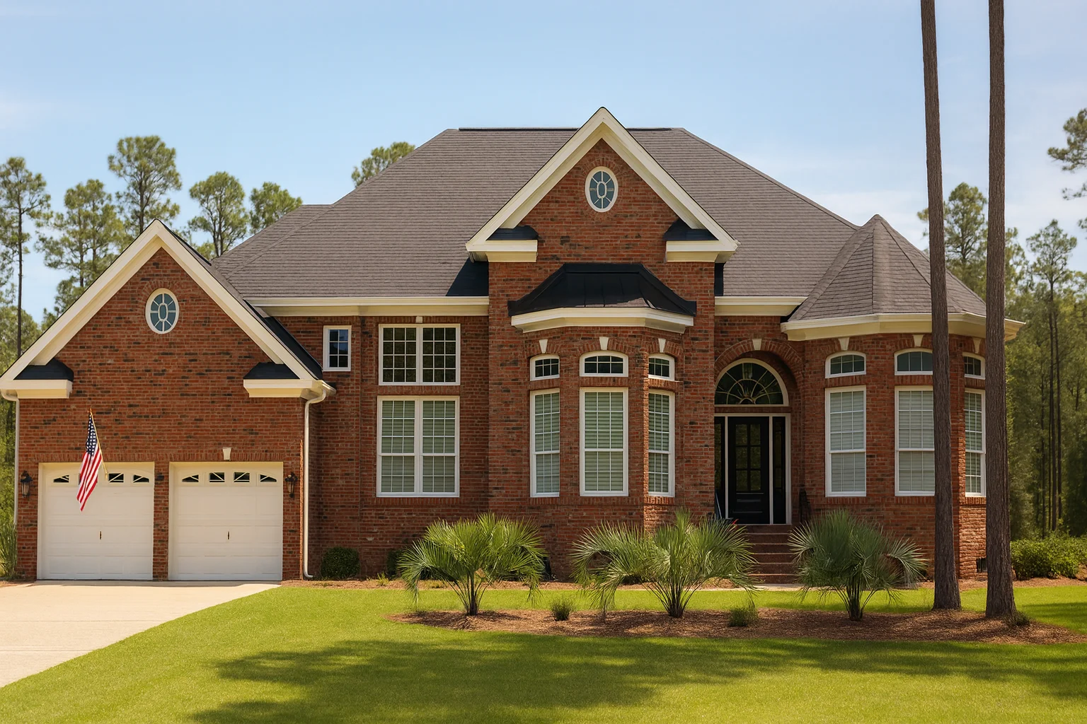 Front exterior view of a Traditional Colonial style brick home with symmetrical façade, arched entryway, multi-pane windows, and attached garage
