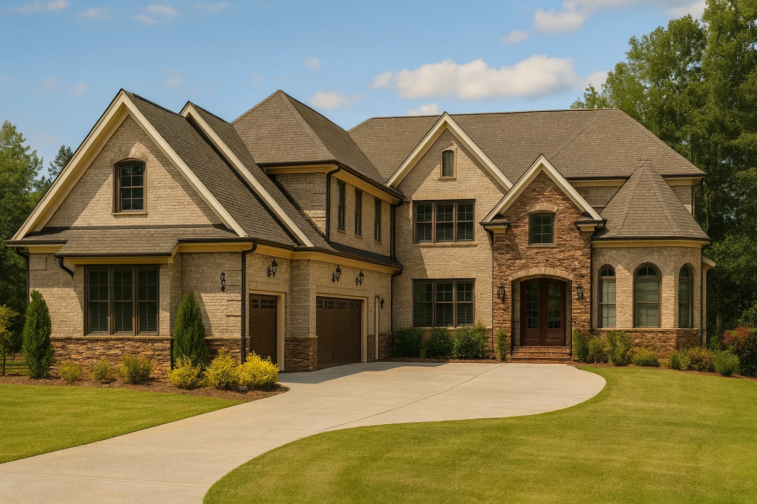 Front exterior view of a European Traditional French Country style home with brick façade, stone accents, steep gabled rooflines, and arched entry