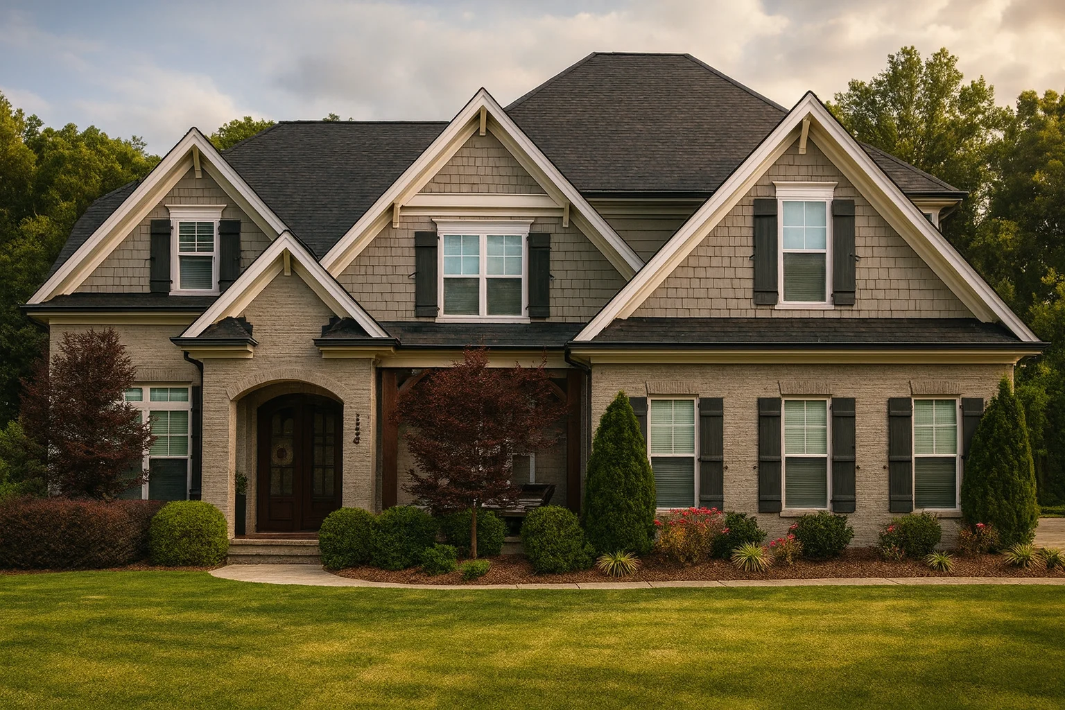 Front elevation of a Traditional Colonial style home with horizontal siding, gabled rooflines, shutters, and a formal centered entry