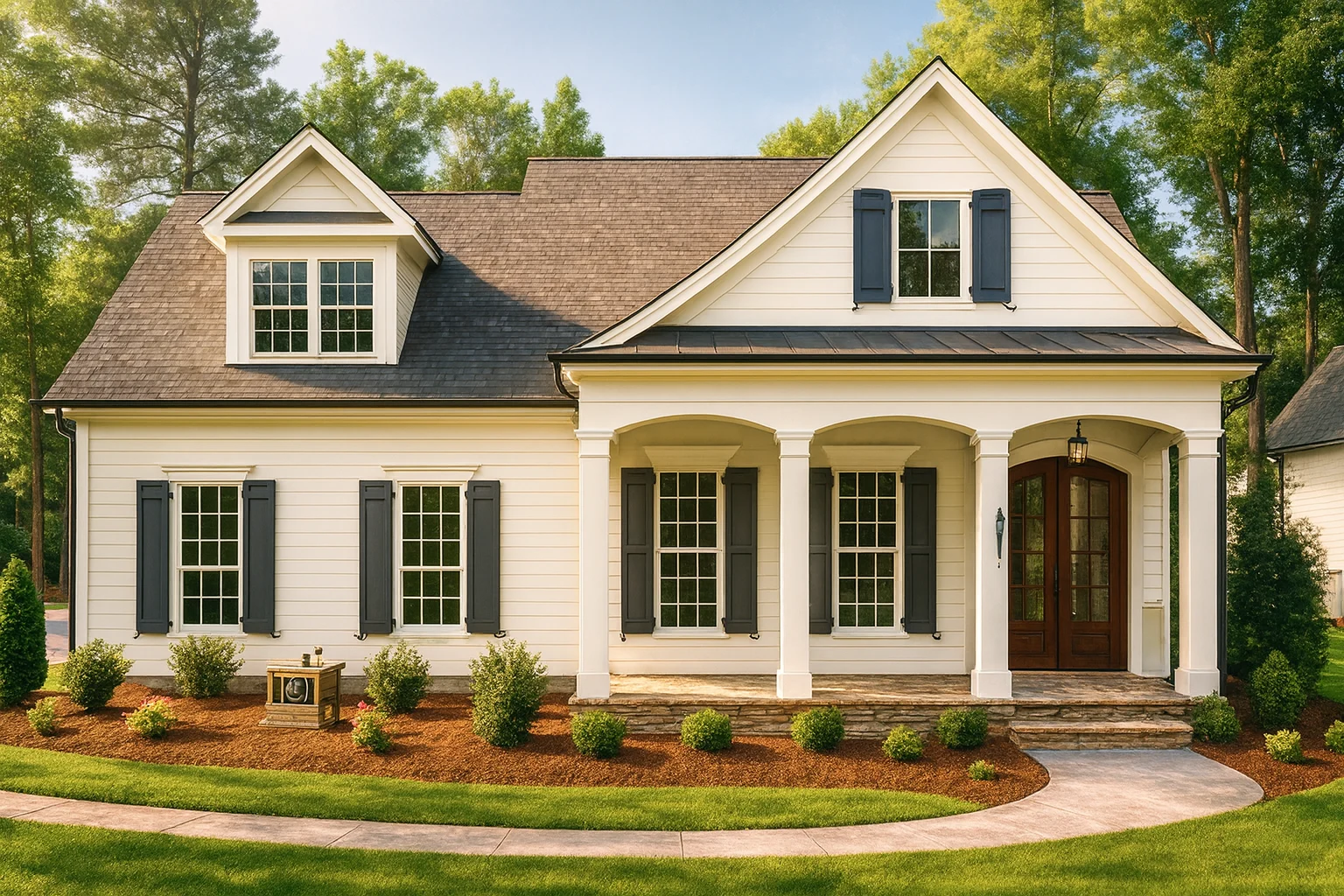 Front exterior of a Traditional Southern Cottage style home with Cape Cod influence, horizontal siding, shutters, and a covered front porch