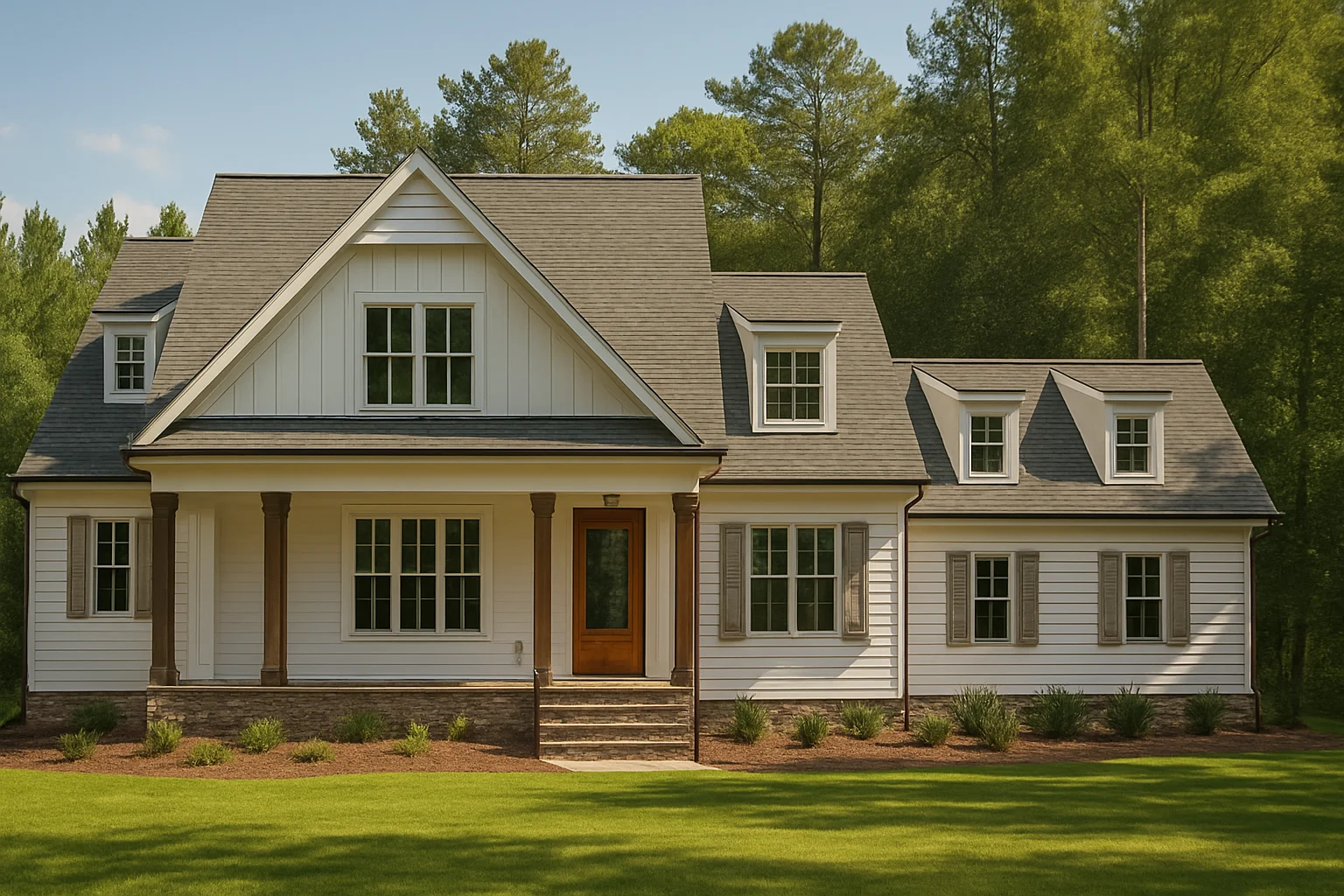 Cottage House Plans 25 Front exterior view of a Traditional Farmhouse home with Craftsman influences, horizontal siding, brick foundation, and covered porch