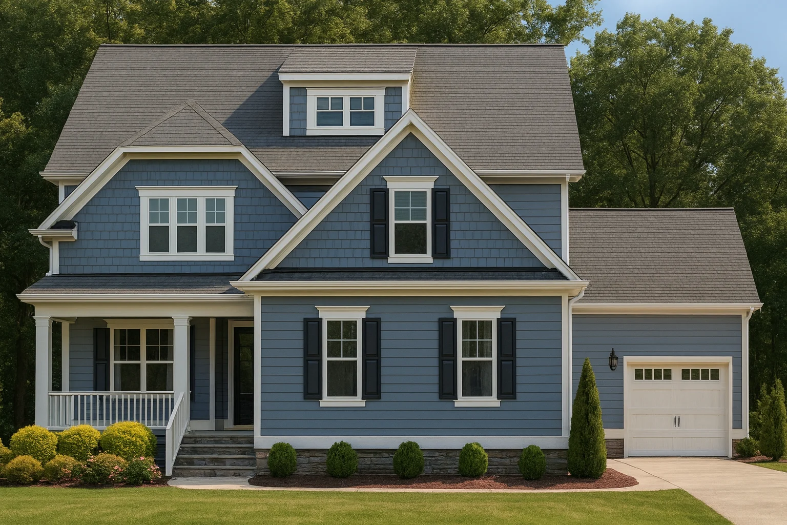 Front exterior of a New American Colonial Revival home with blue lap siding, white trim, symmetrical windows, and covered front porch