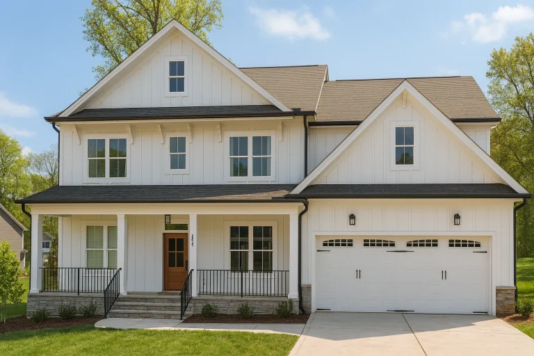 Front elevation of New American Colonial Revival style home with horizontal siding, board-and-batten accents, and a welcoming covered porch