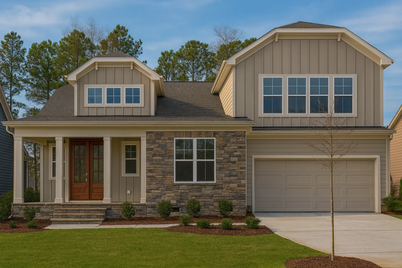 Front elevation of a New American style two-story home featuring board and batten siding, stone accents, symmetrical windows, and an attached two-car garage
