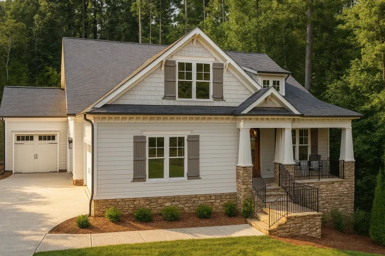 Front exterior of a Craftsman Cottage style home featuring horizontal siding, stone porch columns, gabled rooflines, and a welcoming covered front porch
