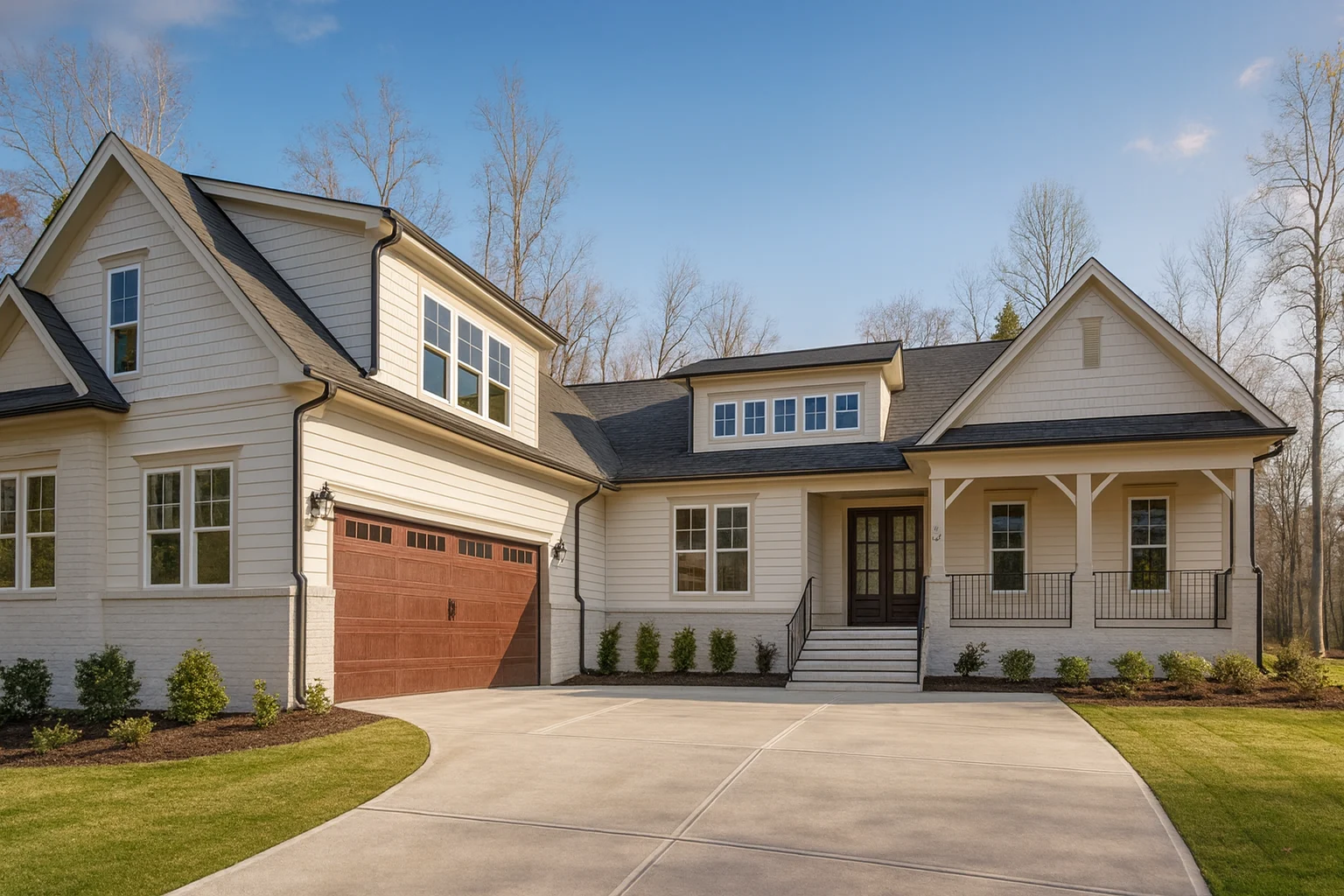Triplex House Plans 17 Front exterior view of a New American Modern Traditional house with horizontal siding, board and batten accents, gabled rooflines, and a welcoming covered porch