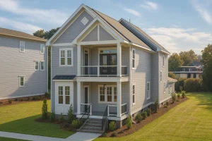 Front view of a two-story Coastal Farmhouse featuring light gray siding, white trim, and upper and lower porches designed for relaxed outdoor living.
